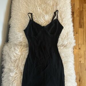 Plain Black Bodycon Ribbed Mini Dress w Spaghetti Straps size 2